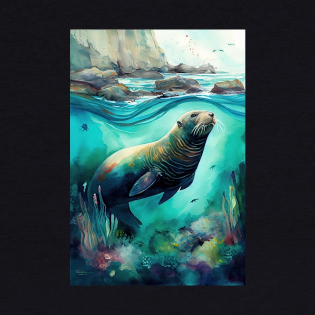 Colorful Watercolor Steller Sea Lion Artwork by ABART BY ALEXST 